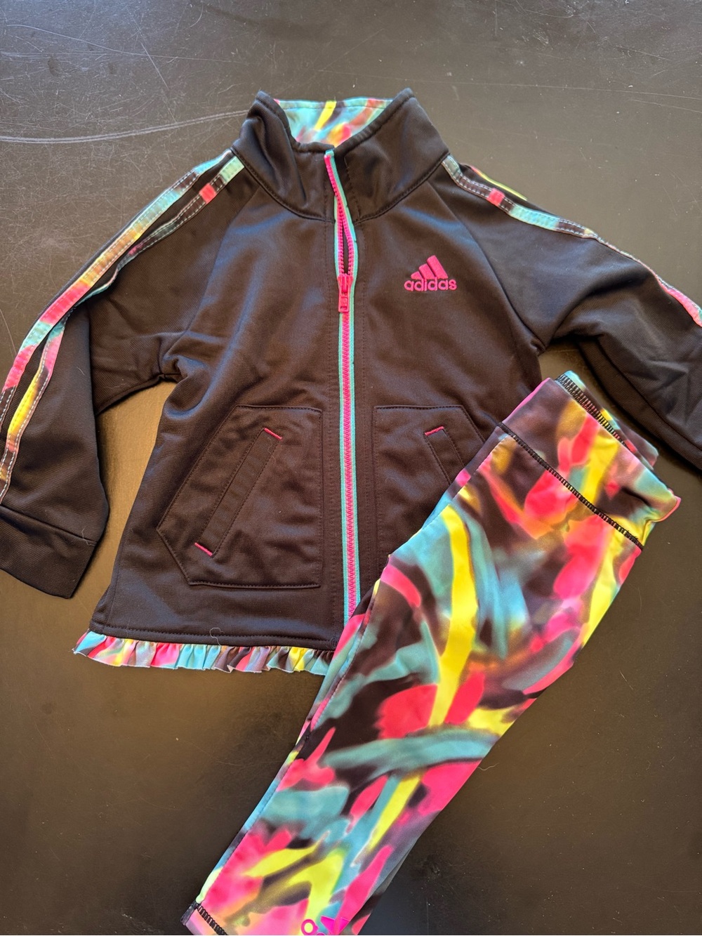 adidas Black Jacket with Multicolor Trim & Neon Print Leggings